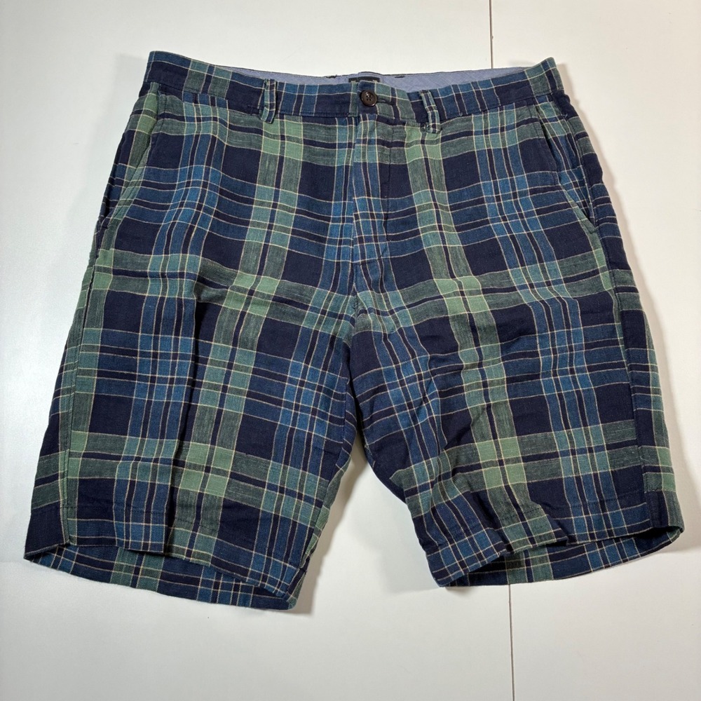 Y2K J.Crew Club Shorts 36 10" Blue Green‎ Plaid Linen Blend Chino (Tag 34 11")